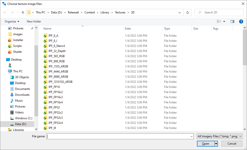 This is a picture of the file open dialog for loading a new texture from disk.