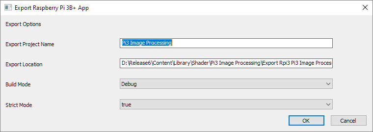 This is a picture of the Raspberry Pi® 3B+ export dialog.